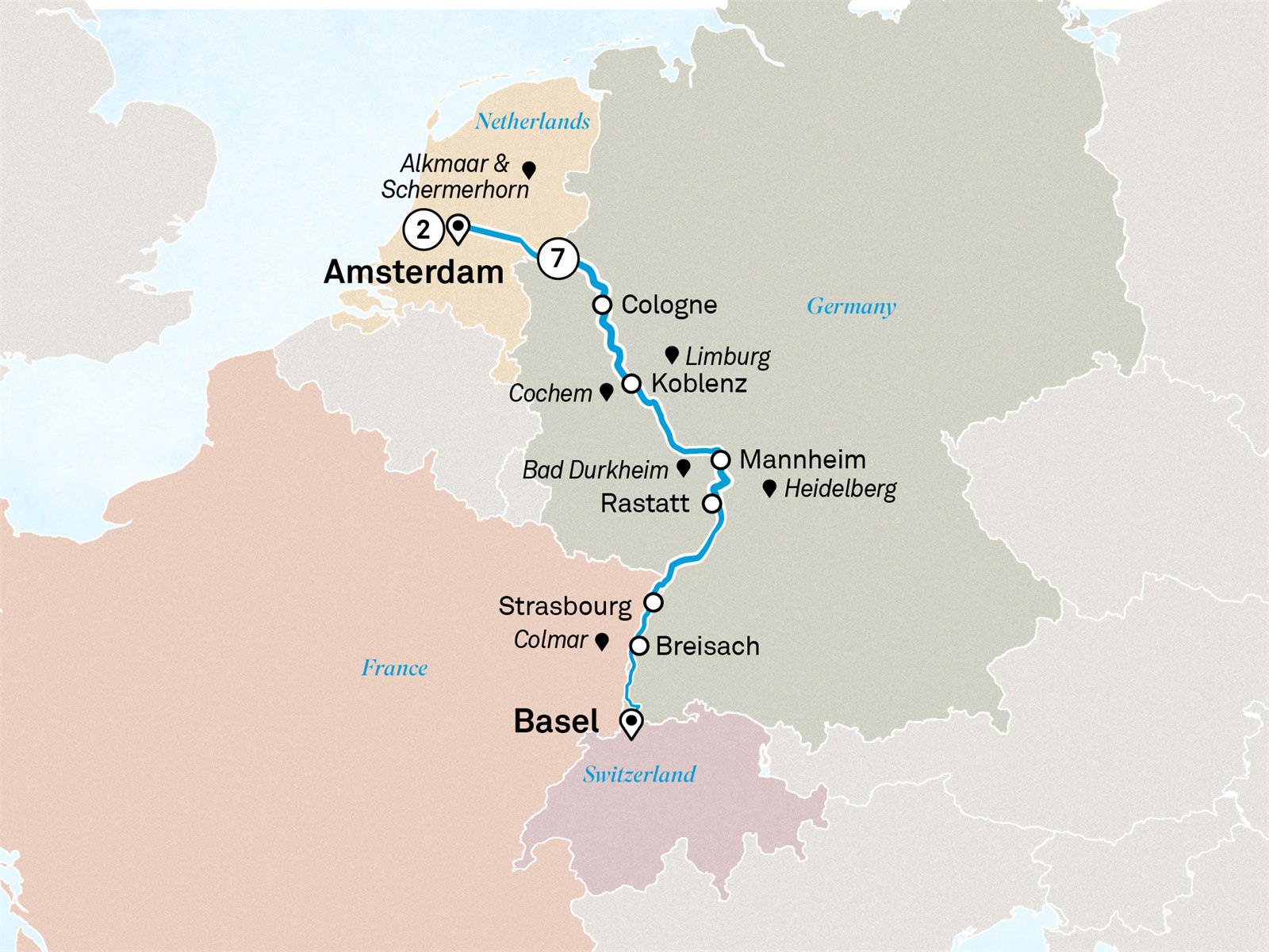 Rhine Highlights with Amsterdam: Amsterdam to Basel Scenic itinerary route map for voyage AABA310527.1