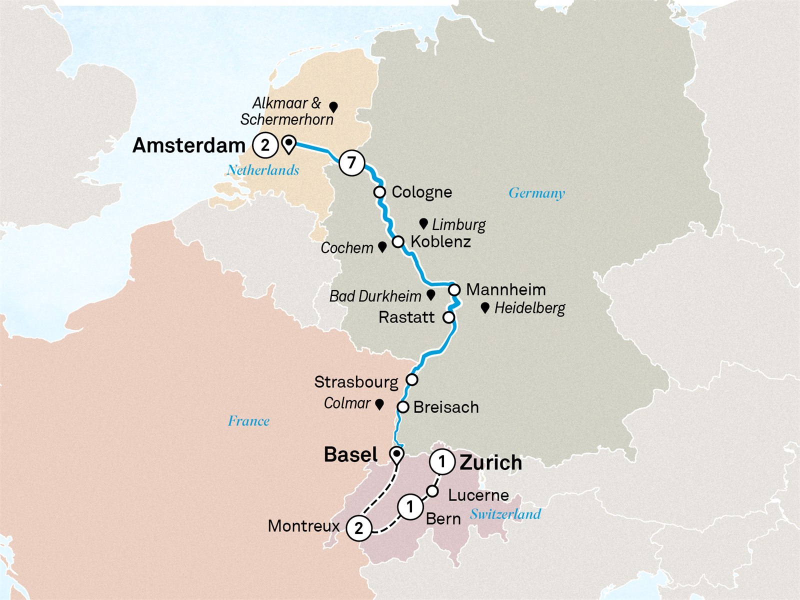 Rhine Highlights with Amsterdam & Switzerland: Zurich to Amsterdam Scenic itinerary route map for voyage AABS220527.2