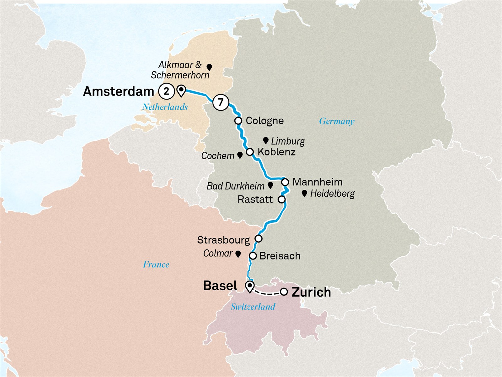 Rhine Highlights with Amsterdam: Amsterdam to Zurich Scenic itinerary route map for voyage AAZA270627.1