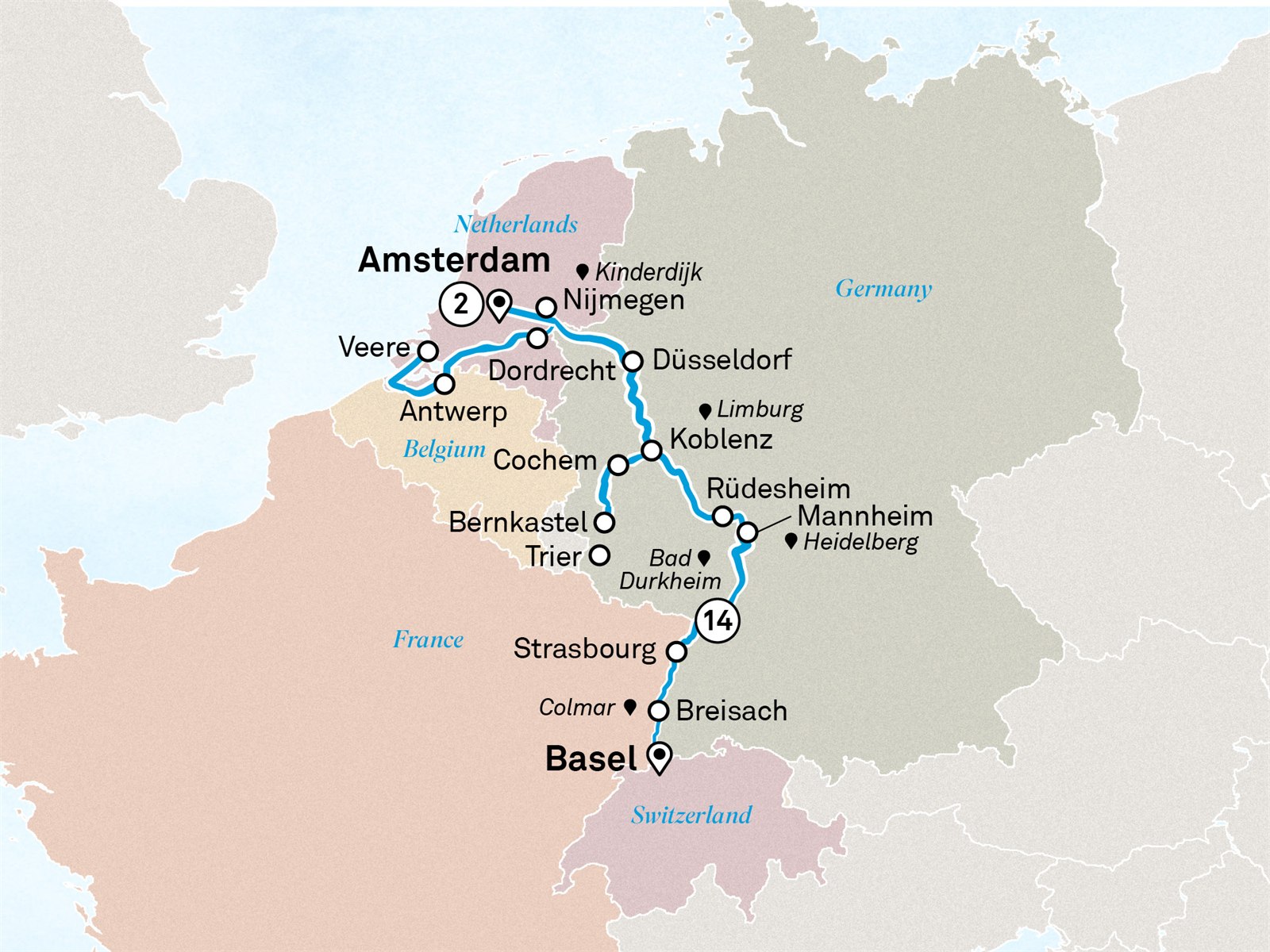 Romantic Rhine & Moselle with Amsterdam: Basel to Amsterdam Scenic itinerary route map for voyage ABAA180827.2