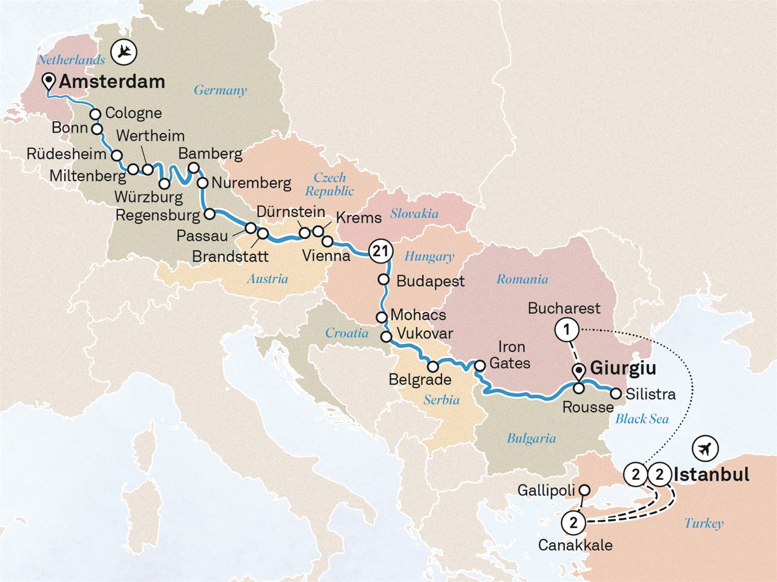 North Sea to the Black Sea with Turkey: Amsterdam to Istanbul Scenic itinerary route map for voyage ABBI290926.1