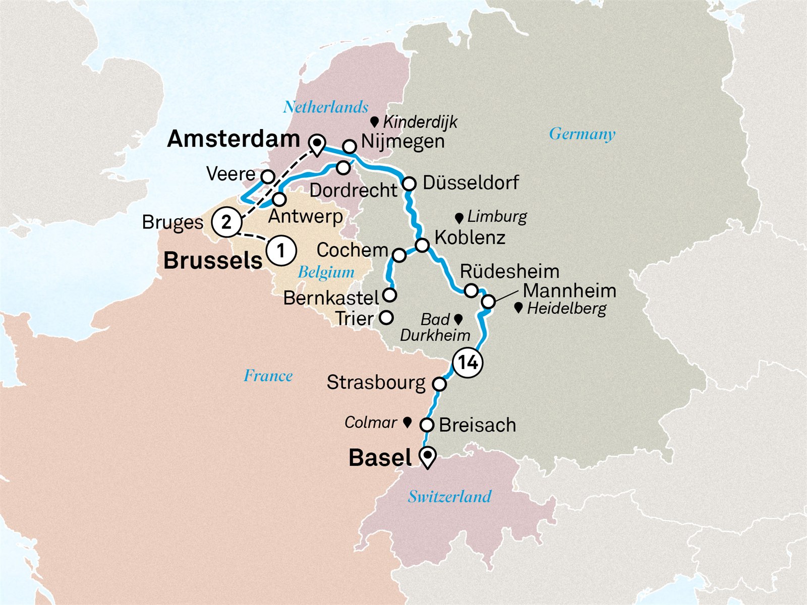 Romantic Rhine & Moselle with Enchanting Belgium: Basel to Brussels Scenic itinerary route map for voyage ABBR180527.2