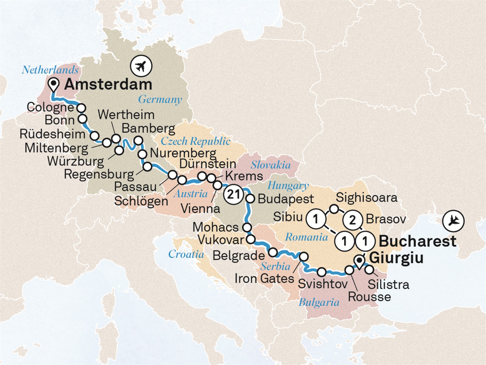 Iconic Europe, from Amsterdam to Bucharest with Transylvania Scenic itinerary route map for voyage ABBT260327.1