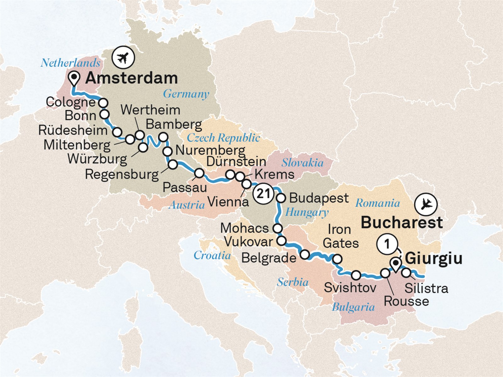 Black Sea to the North Sea: Bucharest to Amsterdam Scenic itinerary route map for voyage ABBU191026.2