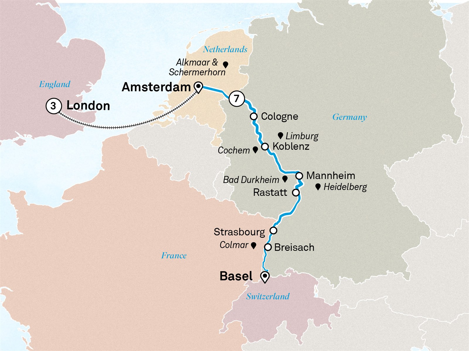 Rhine Highlights with London: Basel to London Scenic itinerary route map for voyage ABCL250827.2