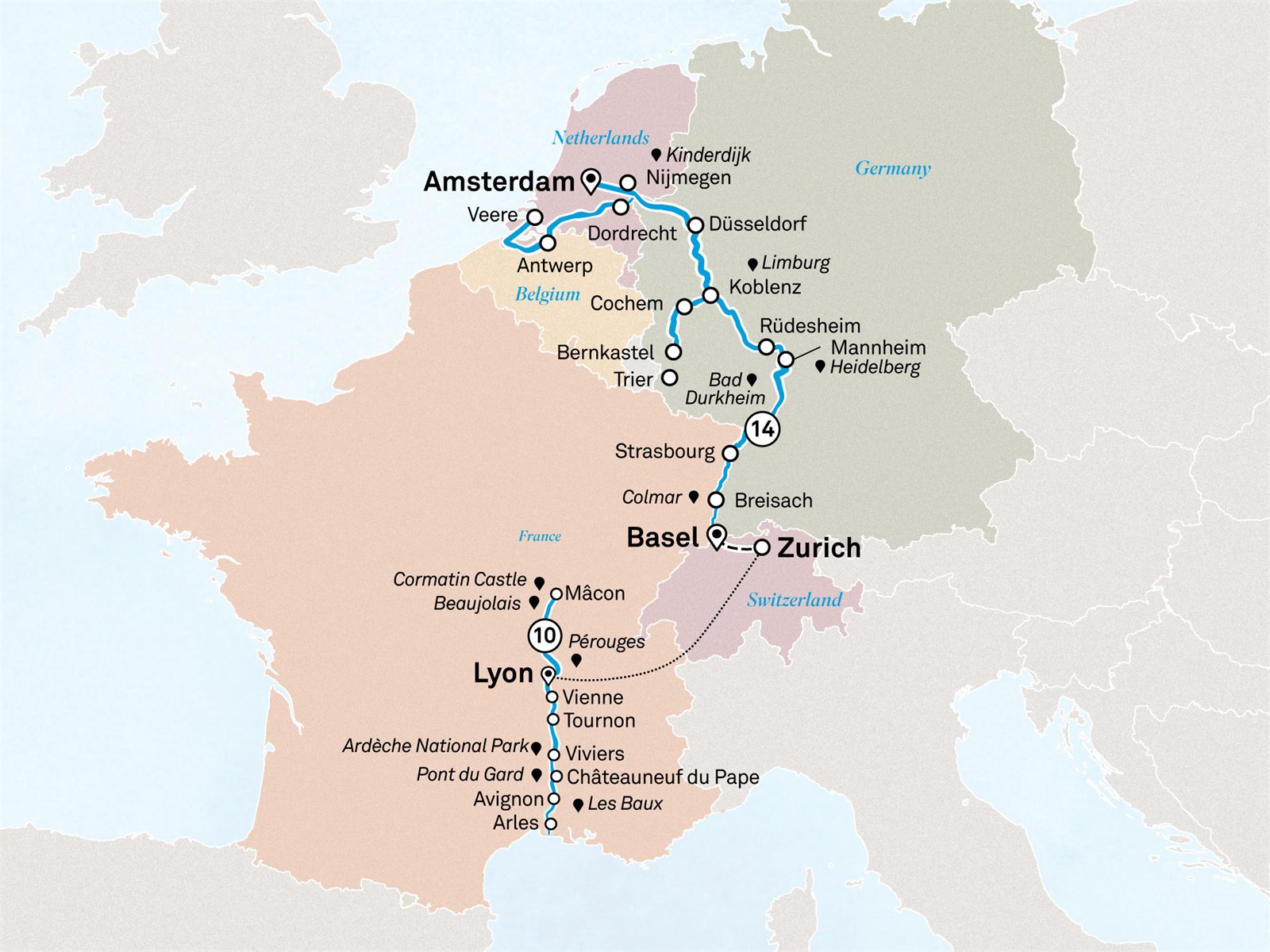 Wondrous Europe: Amsterdam to Lyon Scenic itinerary route map for voyage ABFC010927.1