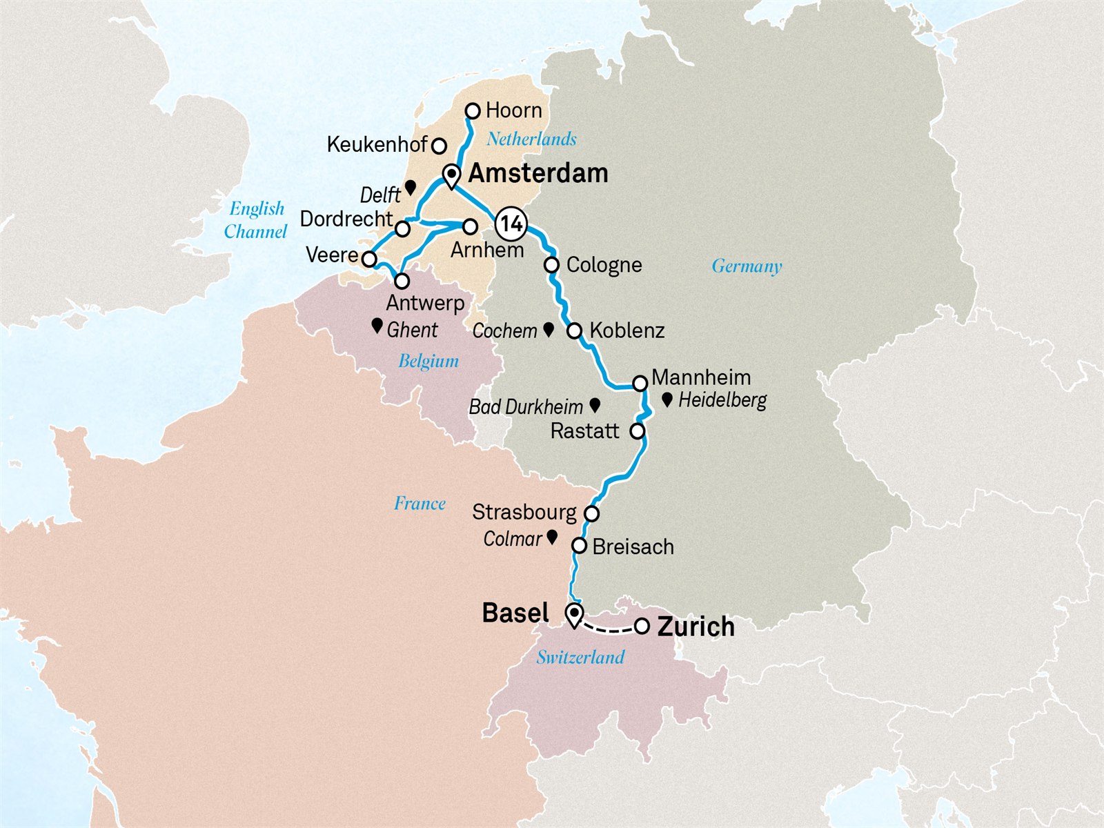 Rhine Highlights, Windmills, Tulips and Belgian Delights: Zurich to Amsterdam Scenic itinerary route map for voyage ACTU050427.1