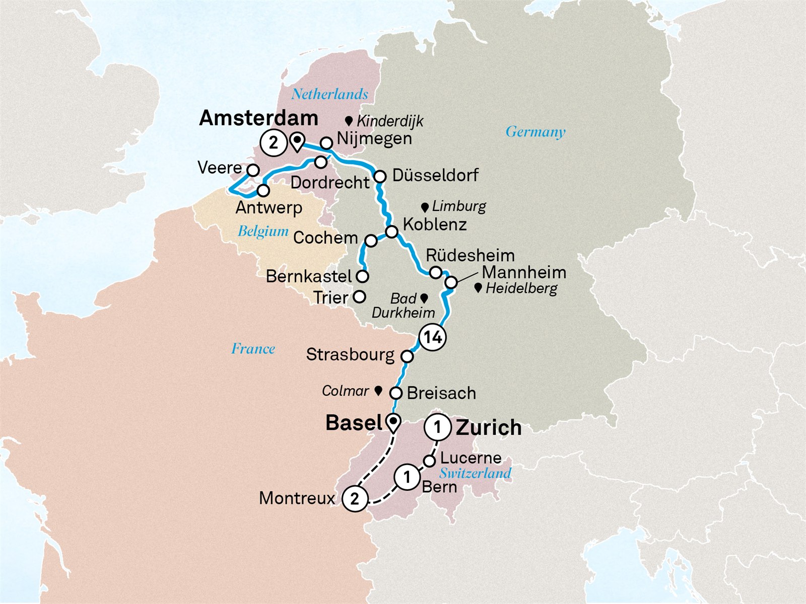 Romantic Rhine & Moselle with Amsterdam & Switzerland: Zurich to Amsterdam Scenic itinerary route map for voyage AMAS091027.2