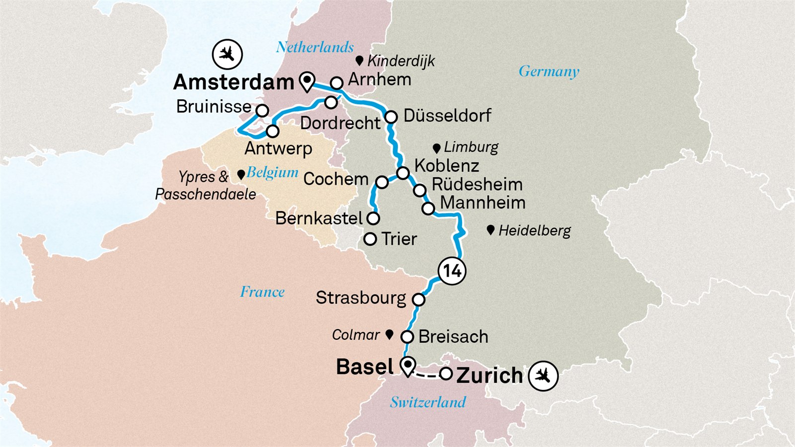 Romantic Rhine & Moselle: Basel to Amsterdam Scenic itinerary route map for voyage AMBA280727.2