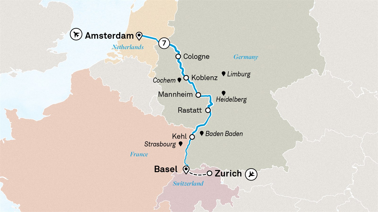 Rhine Highlights: Zurich to Amsterdam Scenic itinerary route map for voyage AMBC140427.2