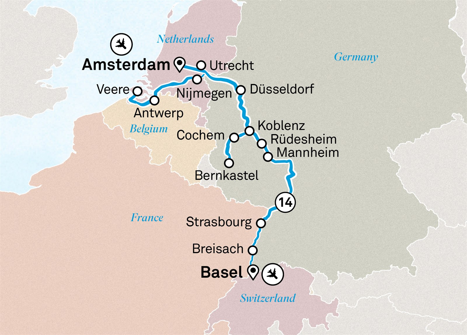 Romantic Rhine & Moselle: Amsterdam to Basel Scenic itinerary route map for voyage AMBL120527.1
