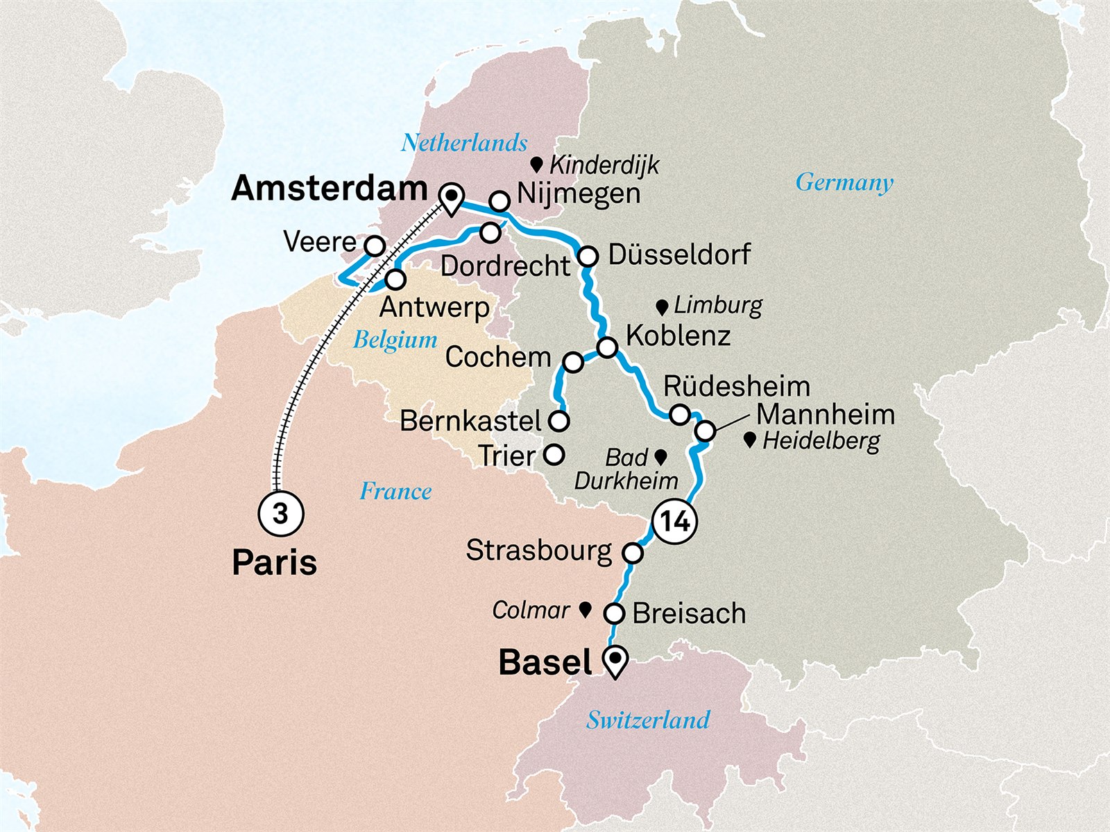 Romantic Rhine & Moselle with Paris: Basel to Paris Scenic itinerary route map for voyage AMBP230828.2