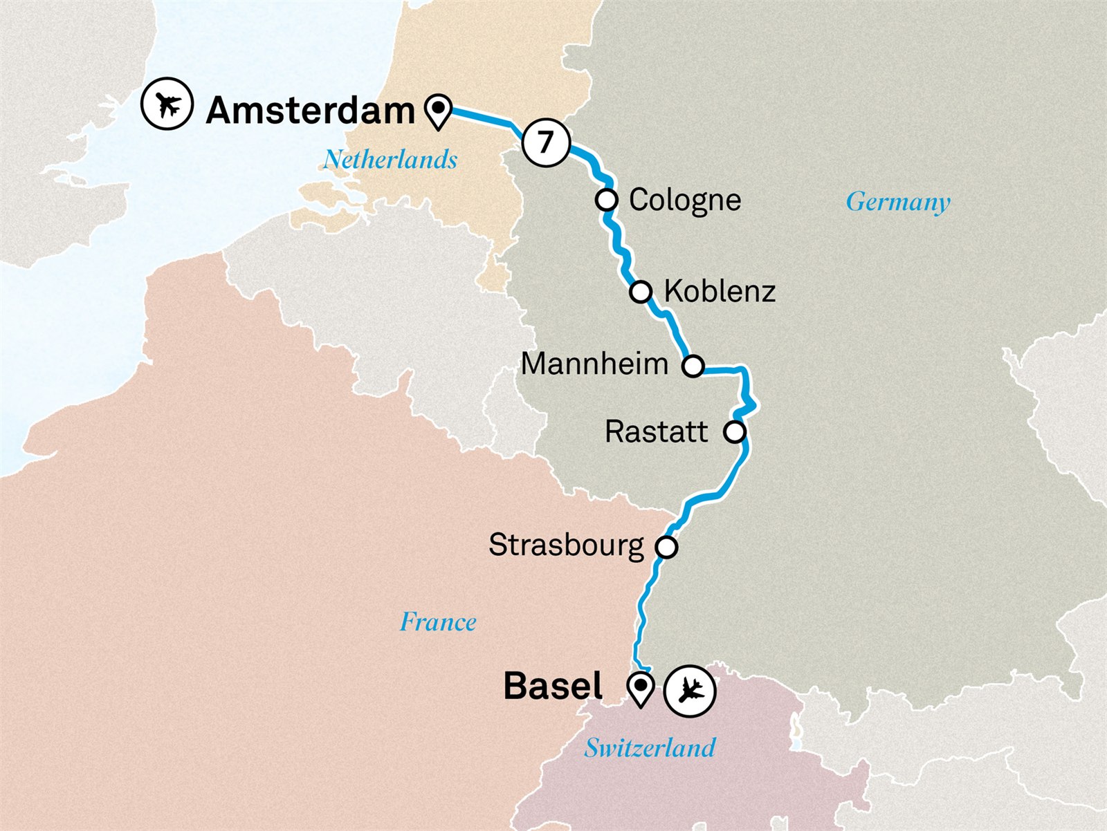 Rhine Highlights: Basel to Amsterdam Scenic itinerary route map for voyage AMBS121127.2W