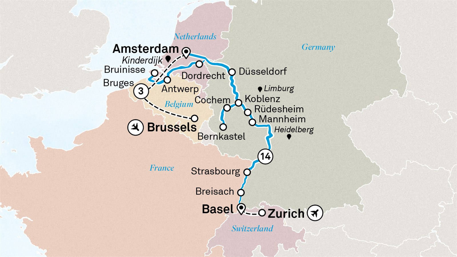 Romantic Rhine & Moselle with Bruges: Brussels to Zurich Scenic itinerary route map for voyage AMBU130926.1
