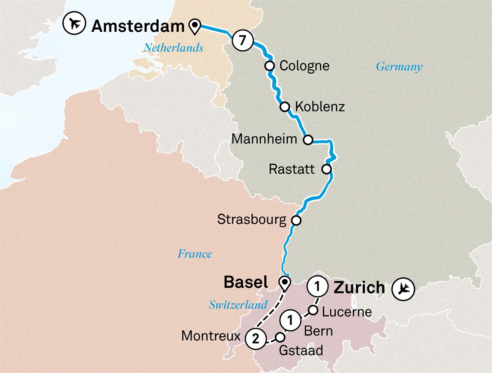 Rhine Highlights with Switzerland: Amsterdam to Zurich Scenic itinerary route map for voyage AMSW130427.1