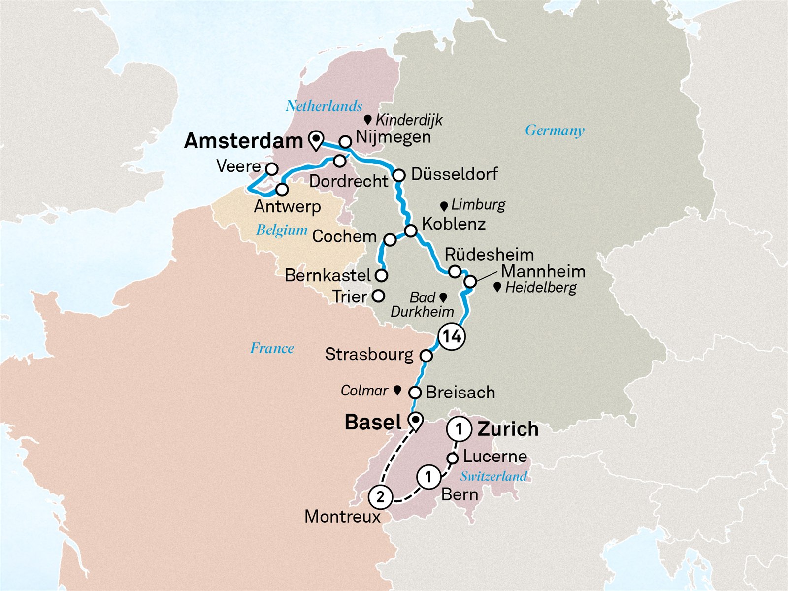 Romantic Rhine & Moselle with Switzerland: Amsterdam to Zurich Scenic itinerary route map for voyage AMZU010927.1