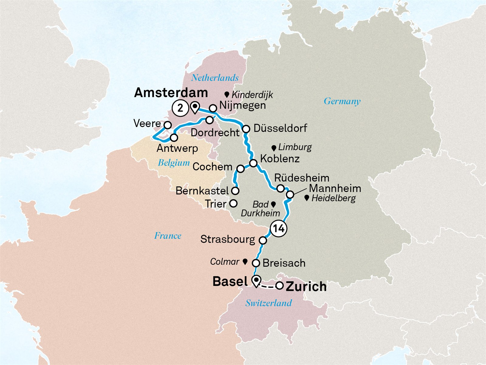 Romantic Rhine & Moselle with Amsterdam: Zurich to Amsterdam Scenic itinerary route map for voyage AZAA180827.2