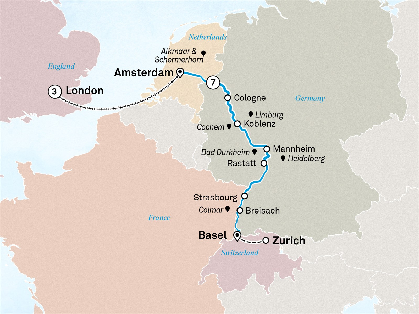 Rhine Highlights with London: Zurich to London Scenic itinerary route map for voyage AZCL090627.2