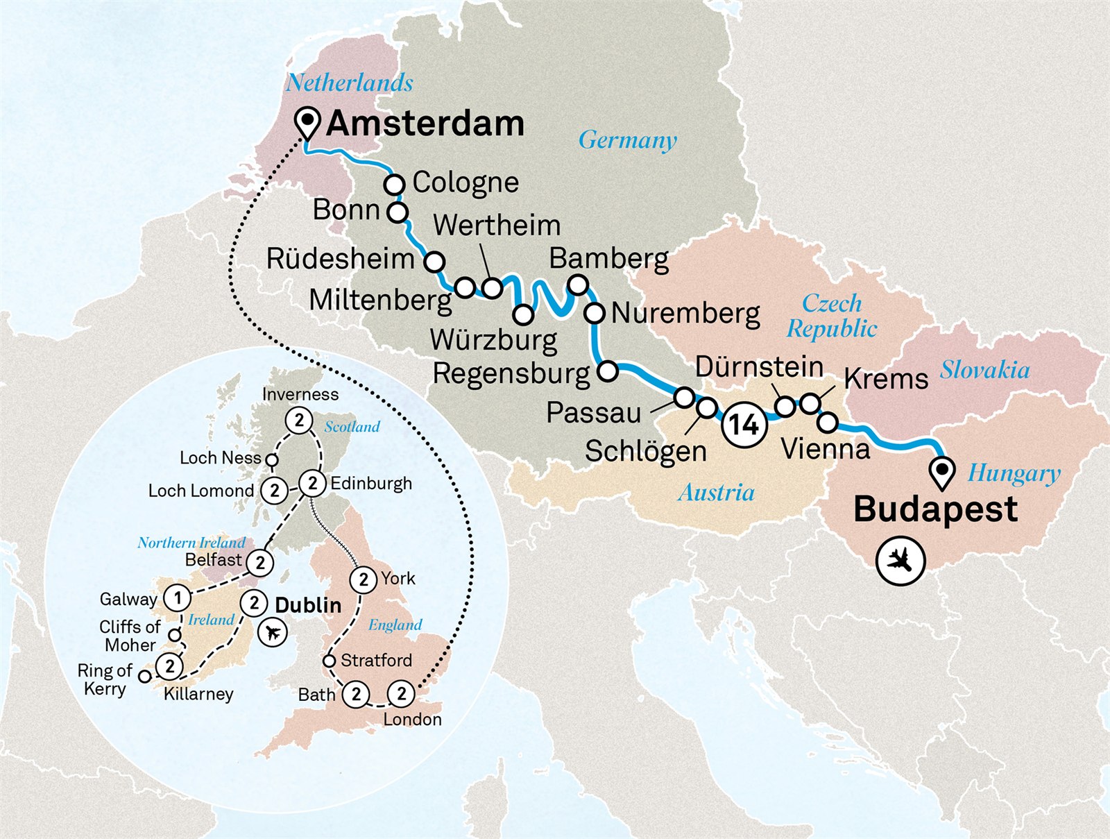 Jewels of Europe with Majestic Britain & Ireland and Edinburgh Military Tattoo: Dublin to Budapest Scenic itinerary route map for voyage BAIC050827.1