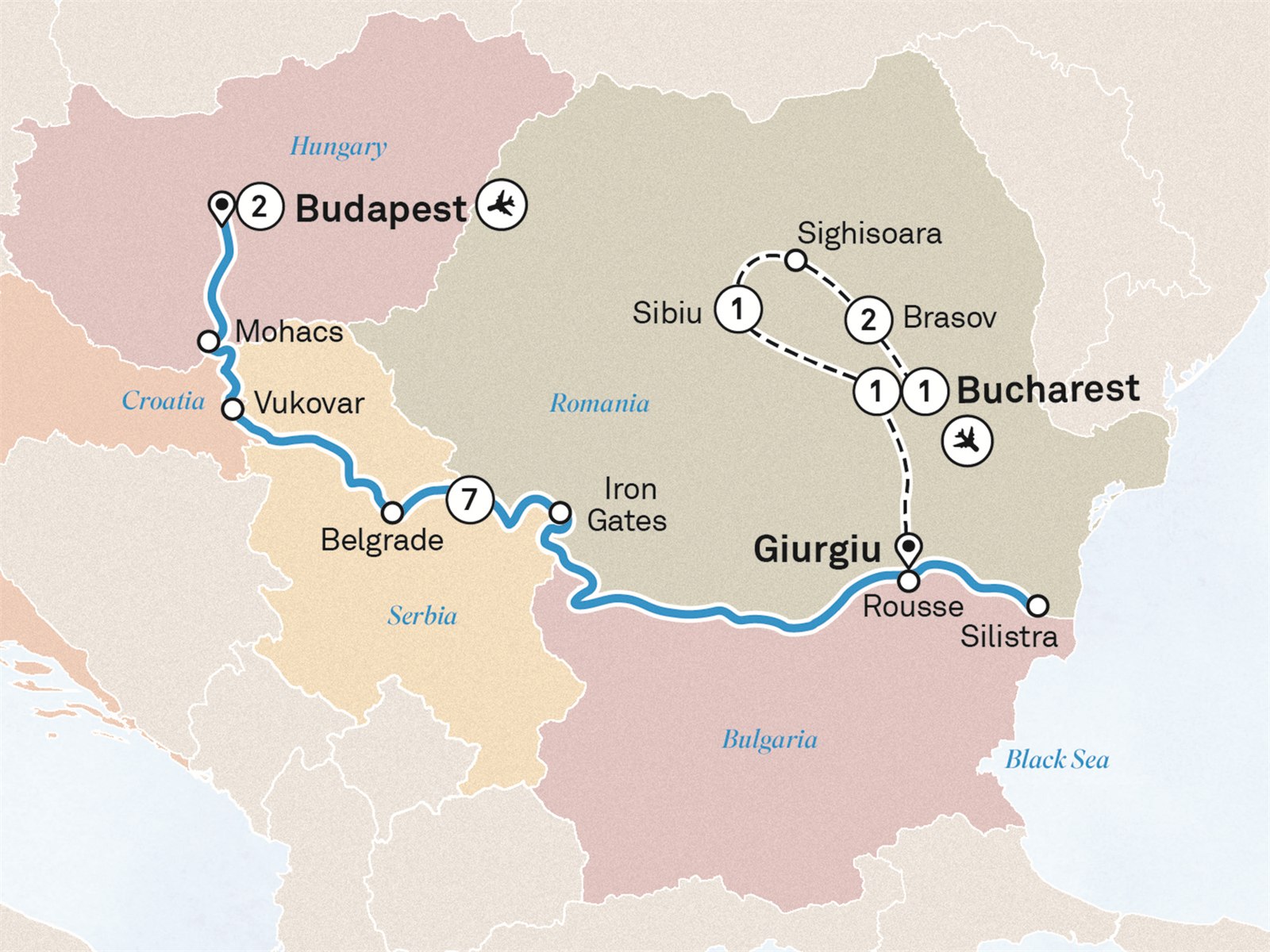 Eastern Europe & Balkans Unveiled with Transylvania & Budapest: Budapest to Bucharest Scenic itinerary route map for voyage BBTR111026.1