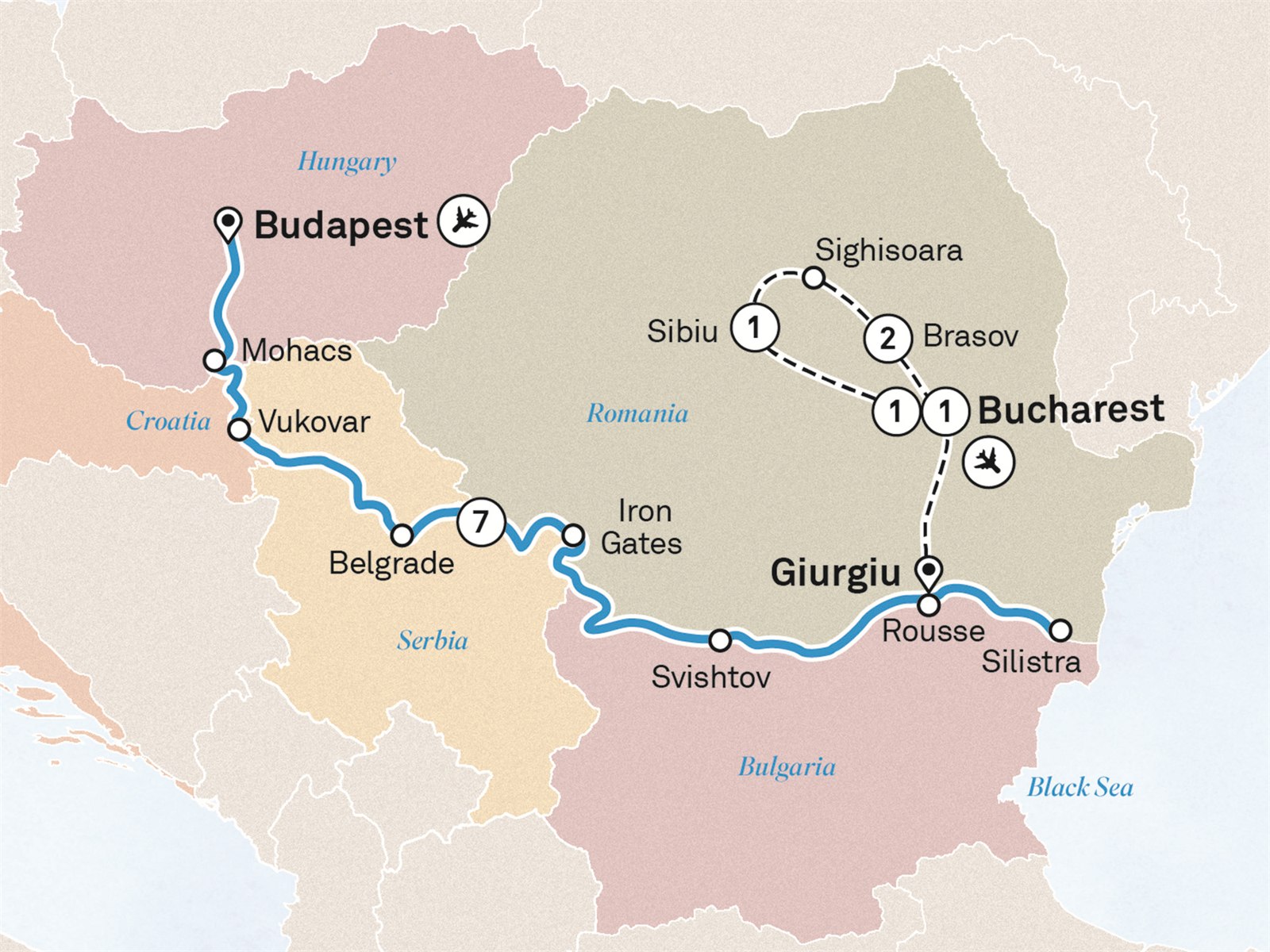 Eastern Europe & Balkans Unveiled with Transylvania: Budapest to Bucharest Scenic itinerary route map for voyage BCTR131026.1
