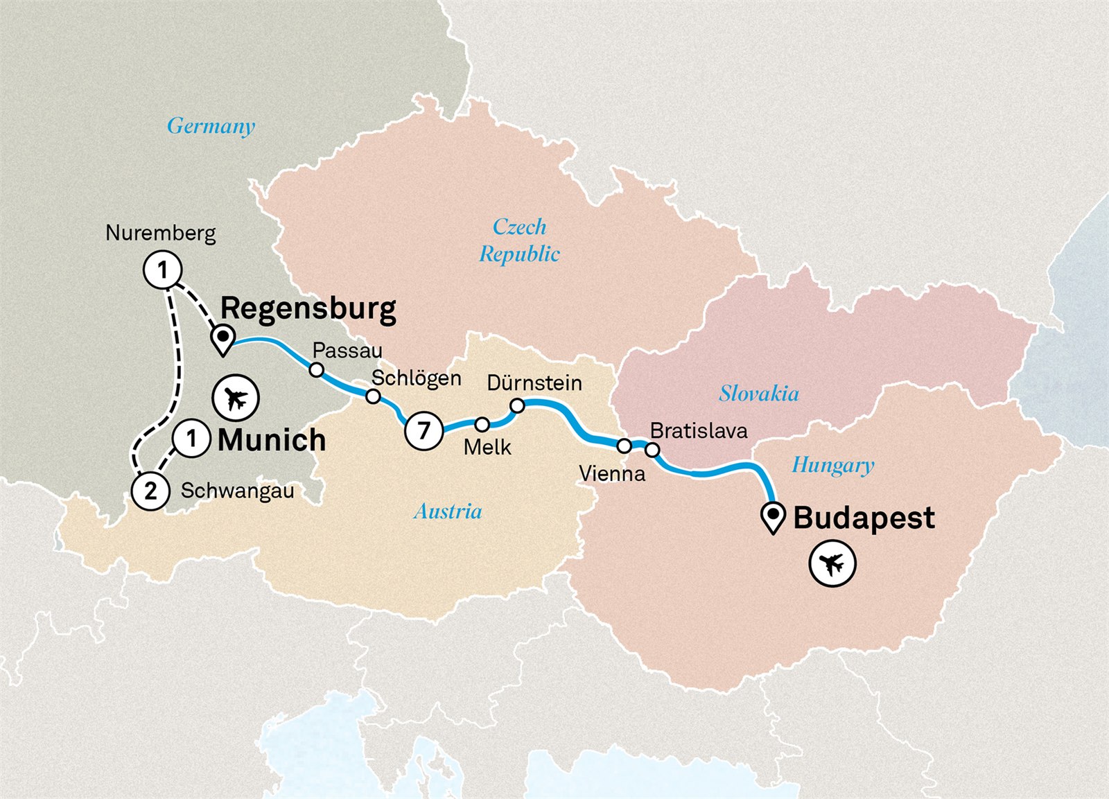 Gems of the Danube with Best of Bavaria: Budapest to Munich Scenic itinerary route map for voyage BNBU210926.2