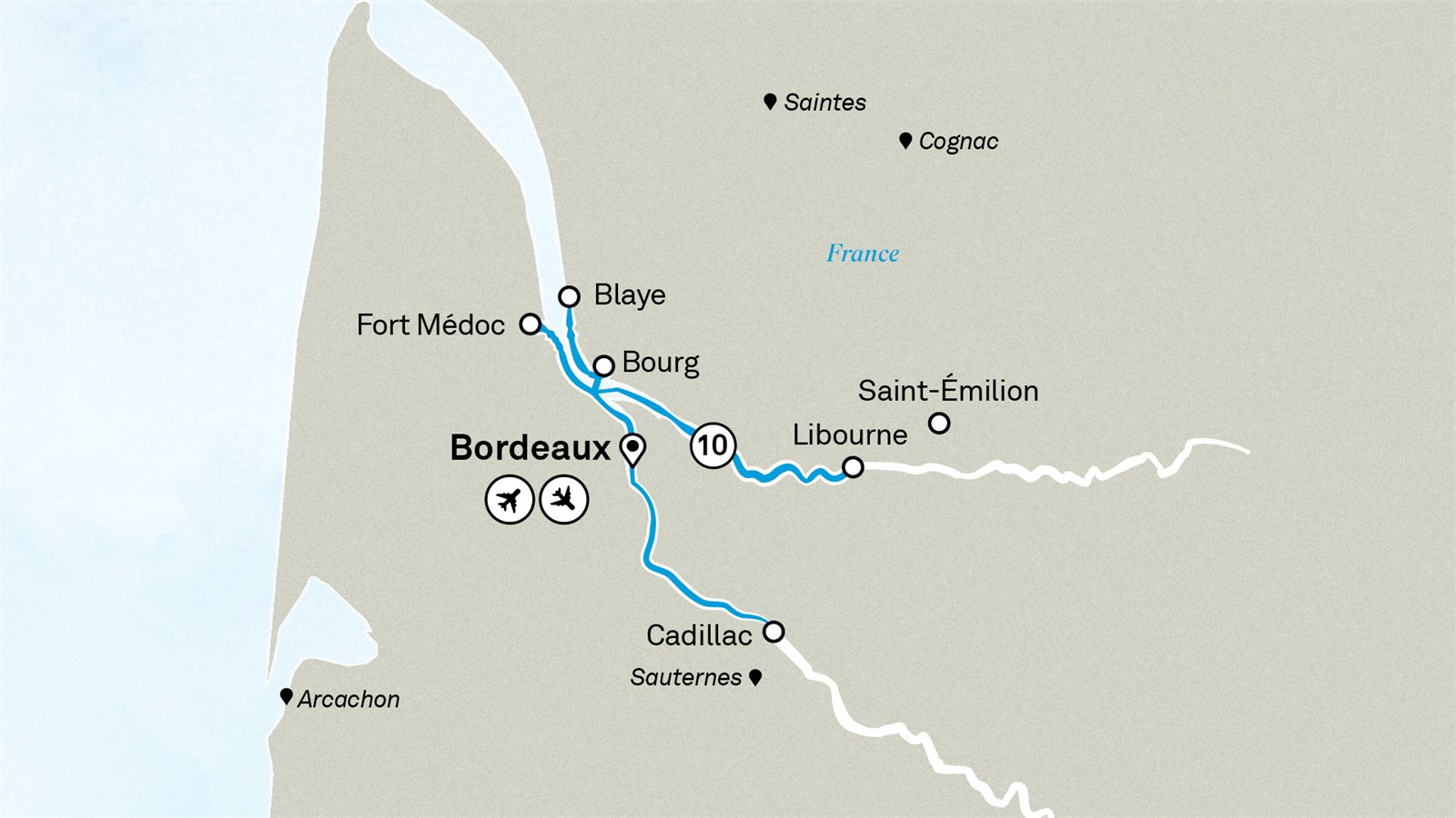 Beautiful Bordeaux Scenic itinerary route map for voyage BOD100527.1