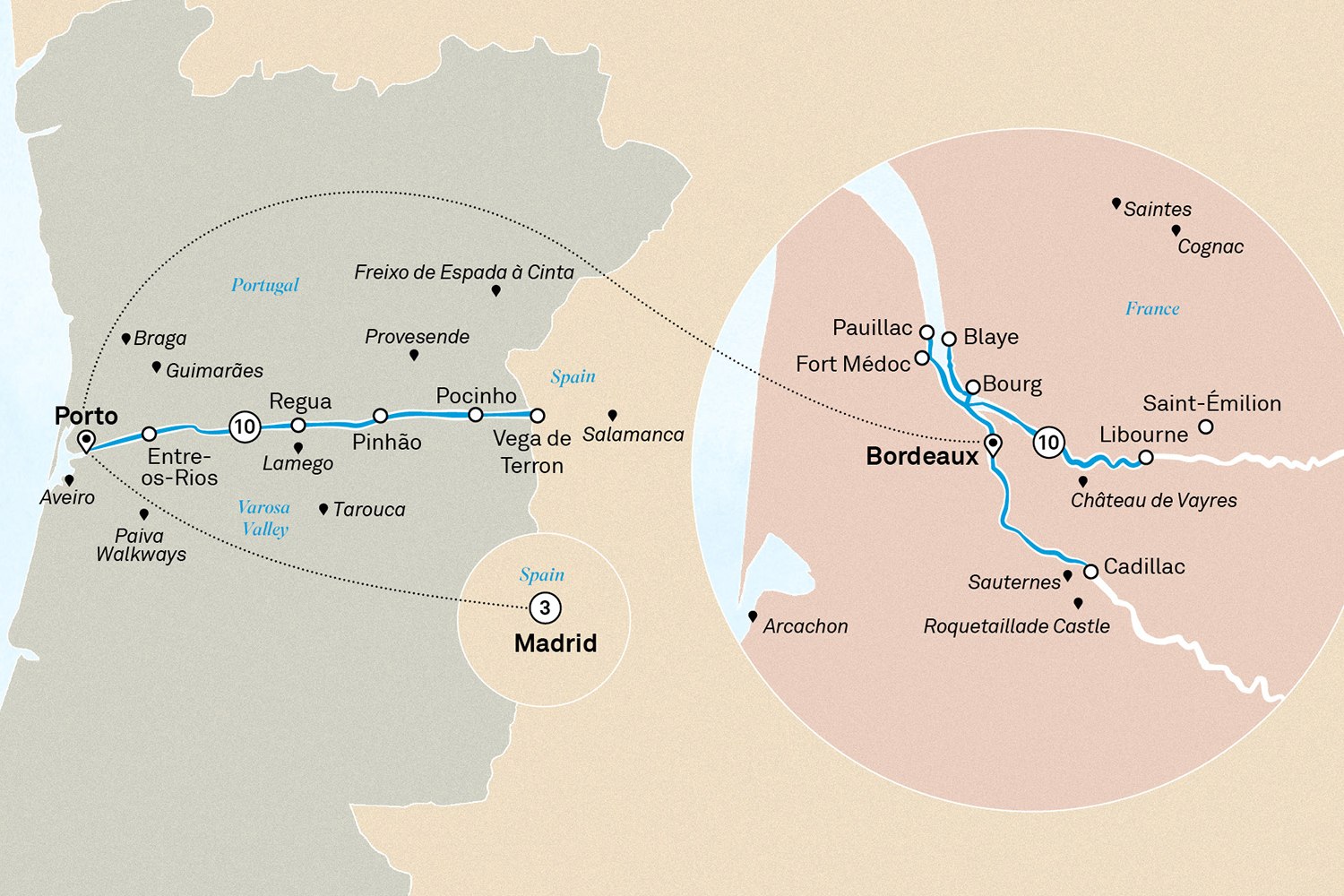 Beautiful Bordeaux & Unforgettable Douro with Madrid: Porto to Madrid Scenic itinerary route map for voyage BODM300727.2