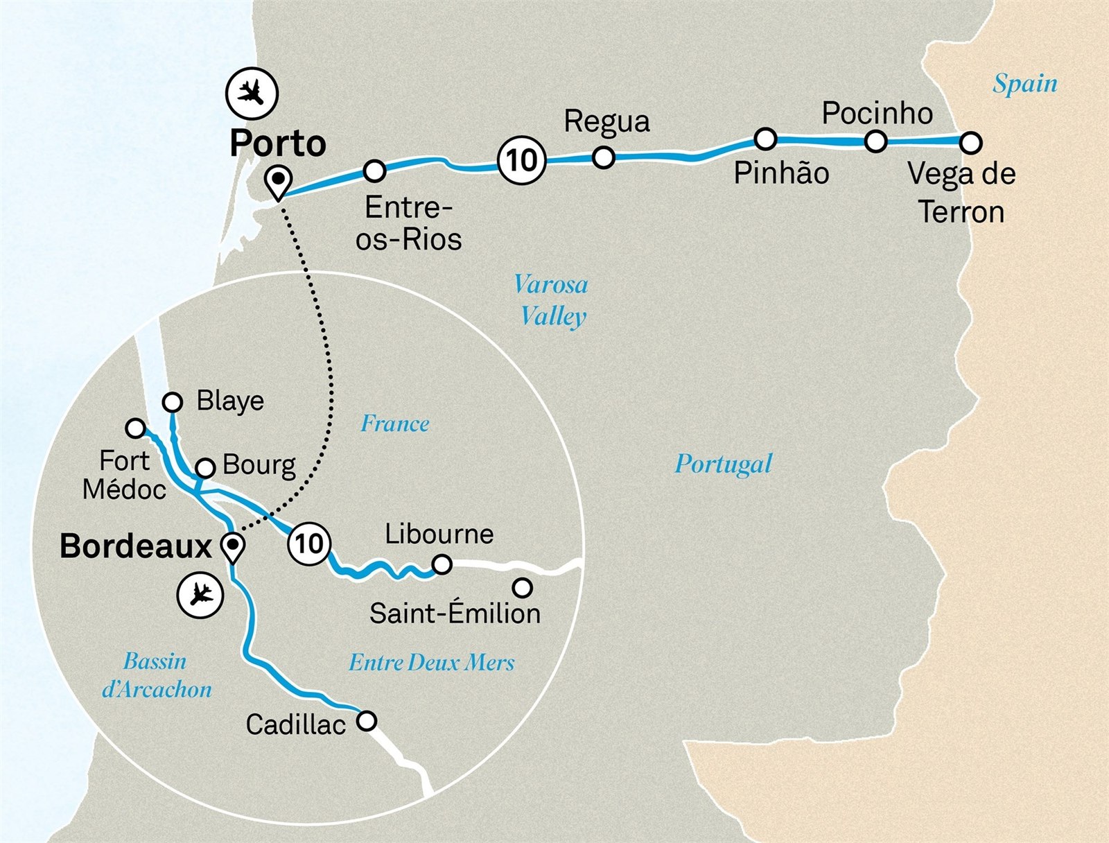 Unforgettable Douro & Beautiful Bordeaux: Porto to Bordeaux Scenic itinerary route map for voyage BODO021026.2