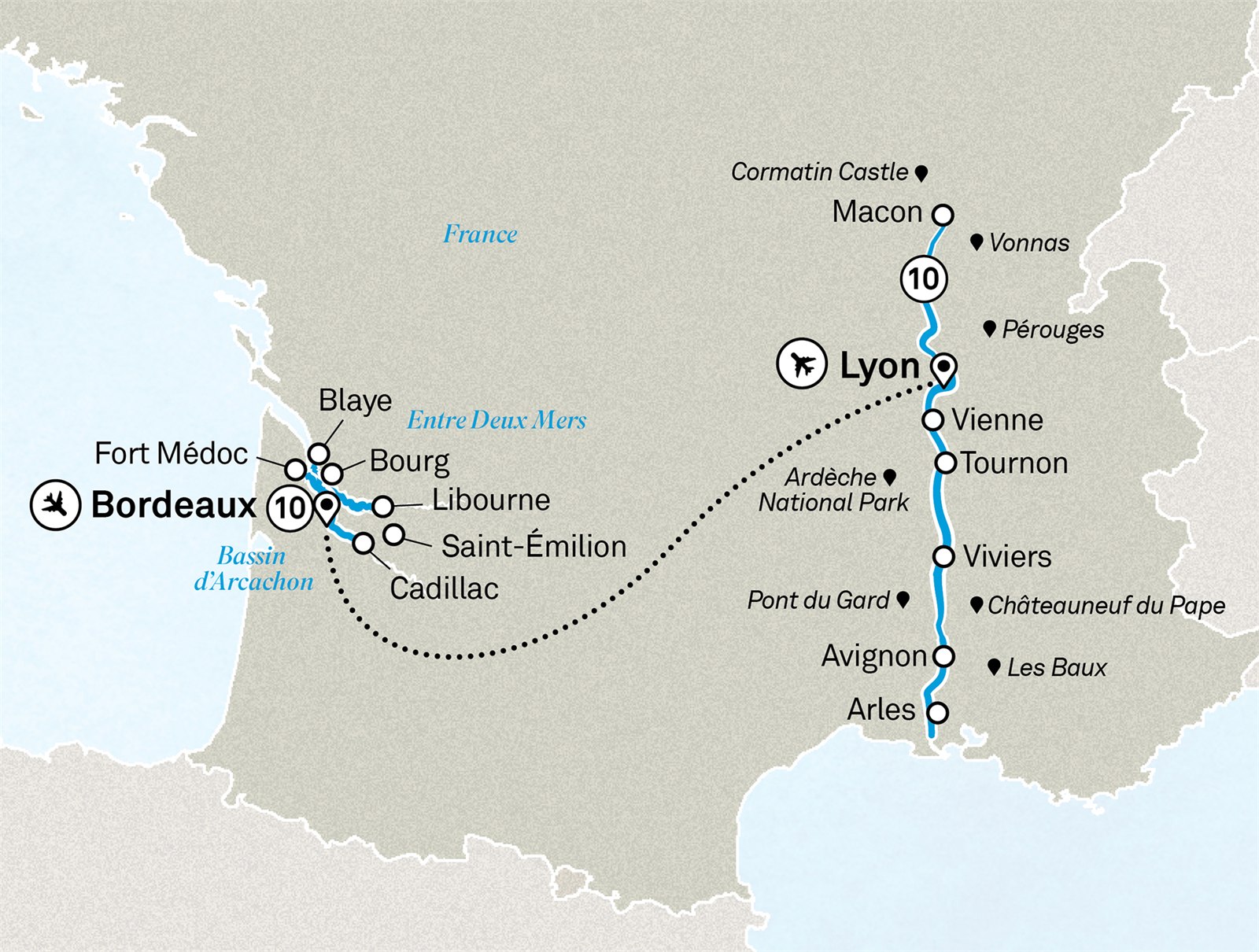 Iconic France: Bordeaux to Lyon Scenic itinerary route map for voyage BOFR050926.1