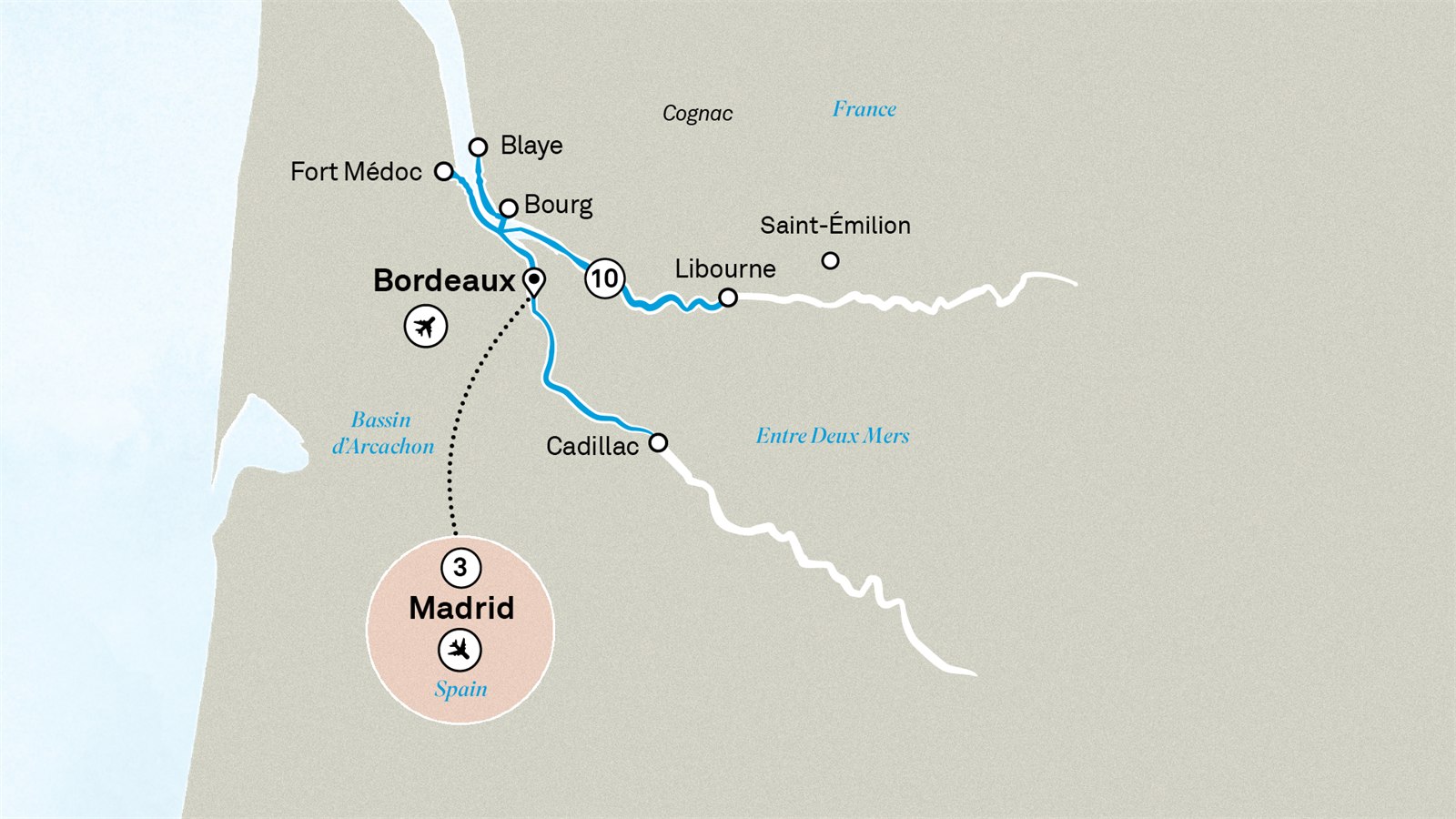 Beautiful Bordeaux with Madrid Scenic itinerary route map for voyage BOMA150927.1