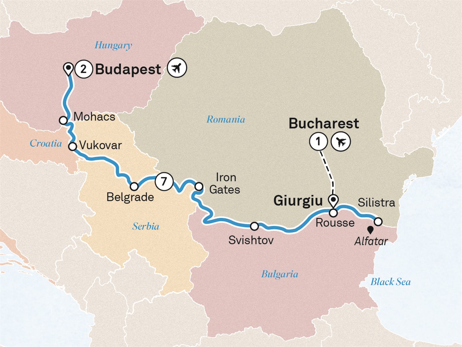 Eastern Europe & Balkans Unveiled & Budapest: Bucharest to Budapest Scenic itinerary route map for voyage BUBC191026.2