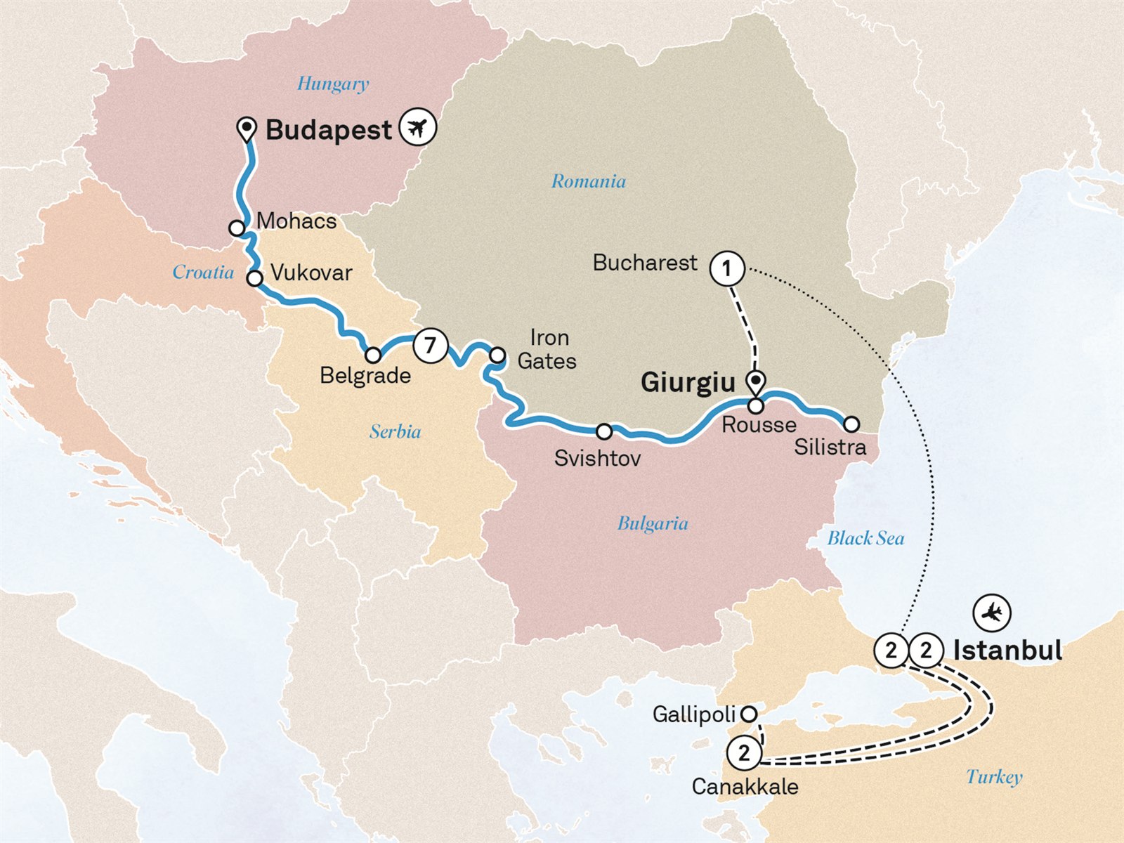 Eastern Europe & Balkans Unveiled with Turkey: Istanbul to Budapest Scenic itinerary route map for voyage BUBI090427.2