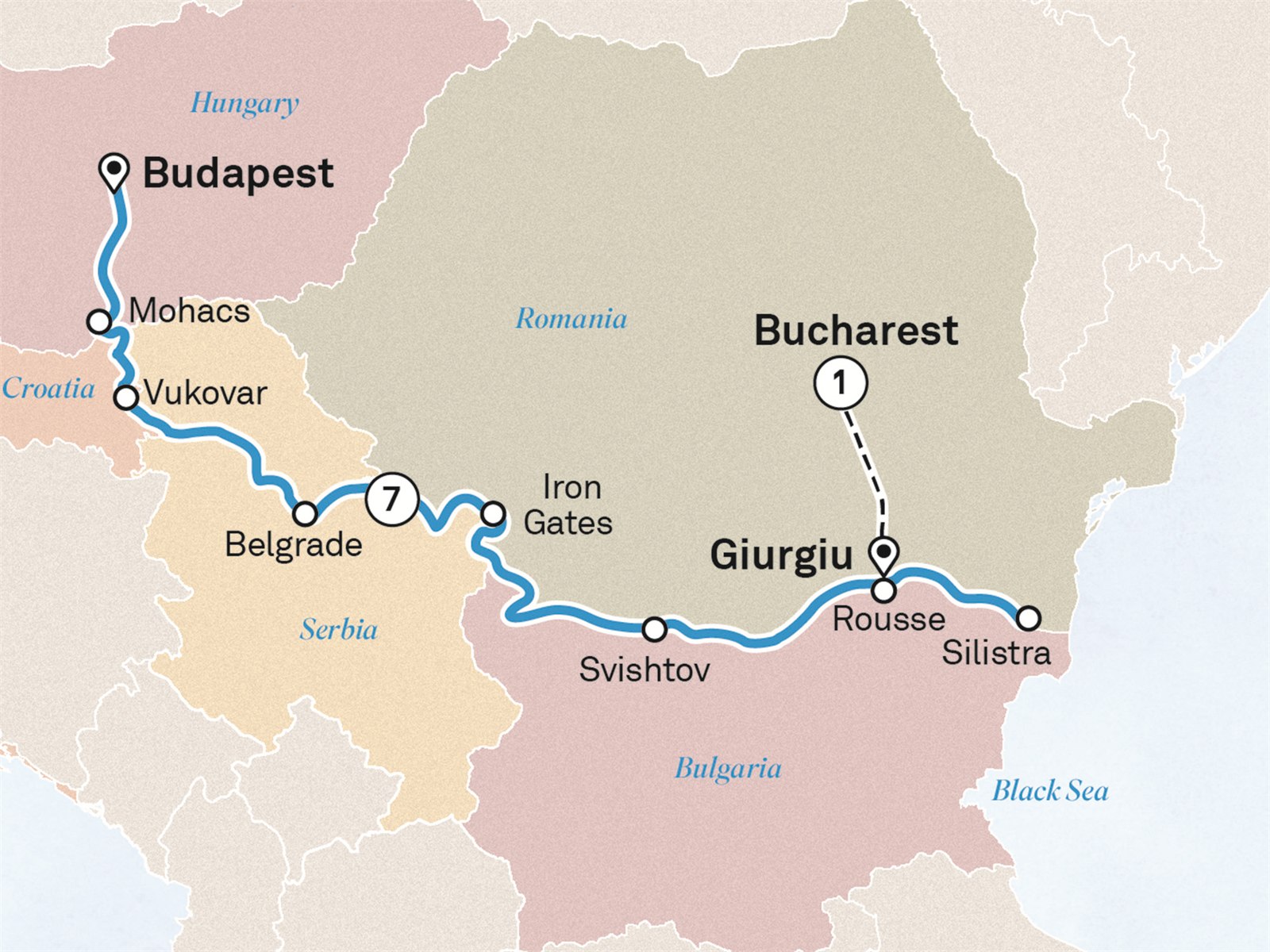 Eastern Europe & Balkans Unveiled: Bucharest to Budapest Scenic itinerary route map for voyage BUBU191026.2