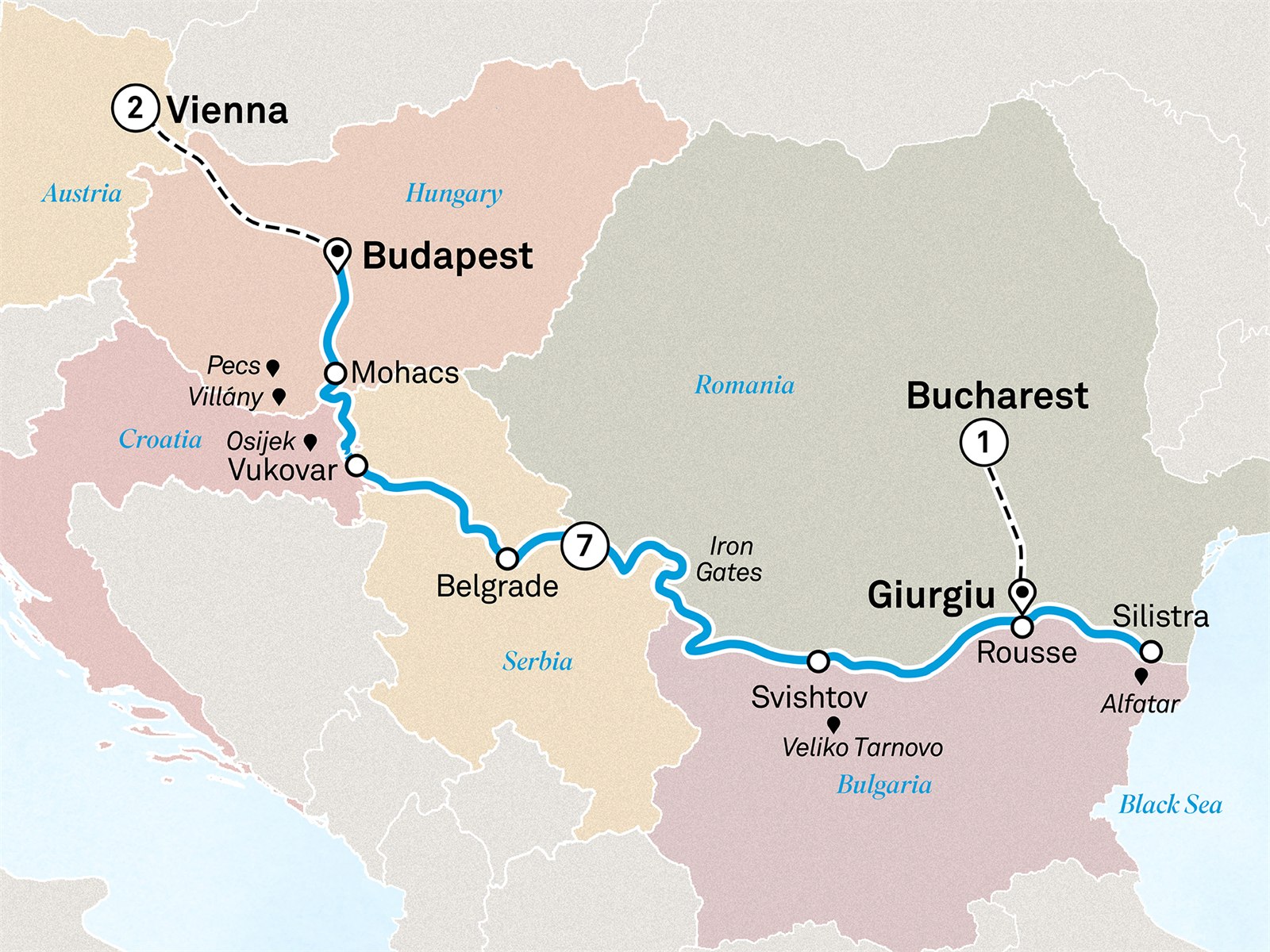 Eastern Europe & Balkans Unveiled with Vienna: Bucharest to Vienna Scenic itinerary route map for voyage BUBV060628.2