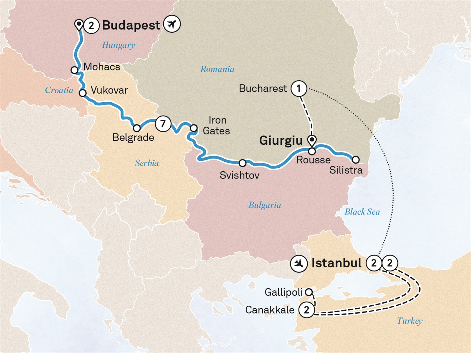 Eastern Europe & Balkans Unveiled with Turkey & Budapest: Istanbul to Budapest Scenic itinerary route map for voyage BUIS090427.2