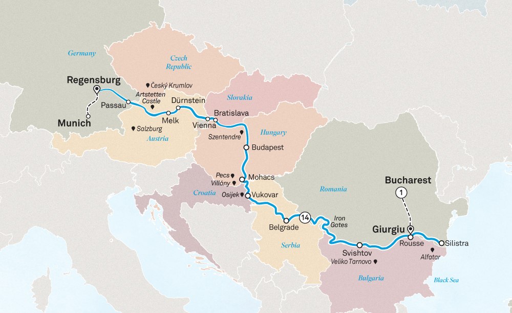 Eastern Europe & Balkans Unveiled & Gems of the Danube: Bucharest to Munich Scenic itinerary route map for voyage BUNB130627.2