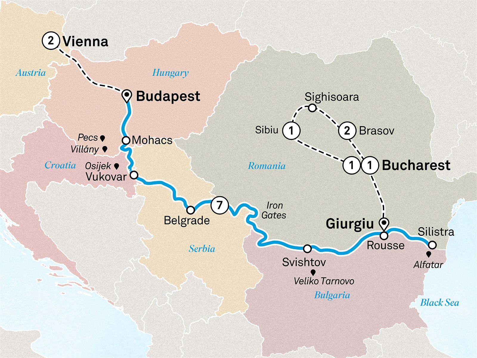 Eastern Europe & Balkans Unveiled with Vienna & Transylvania: Bucharest to Vienna Scenic itinerary route map for voyage BUVT020628.2