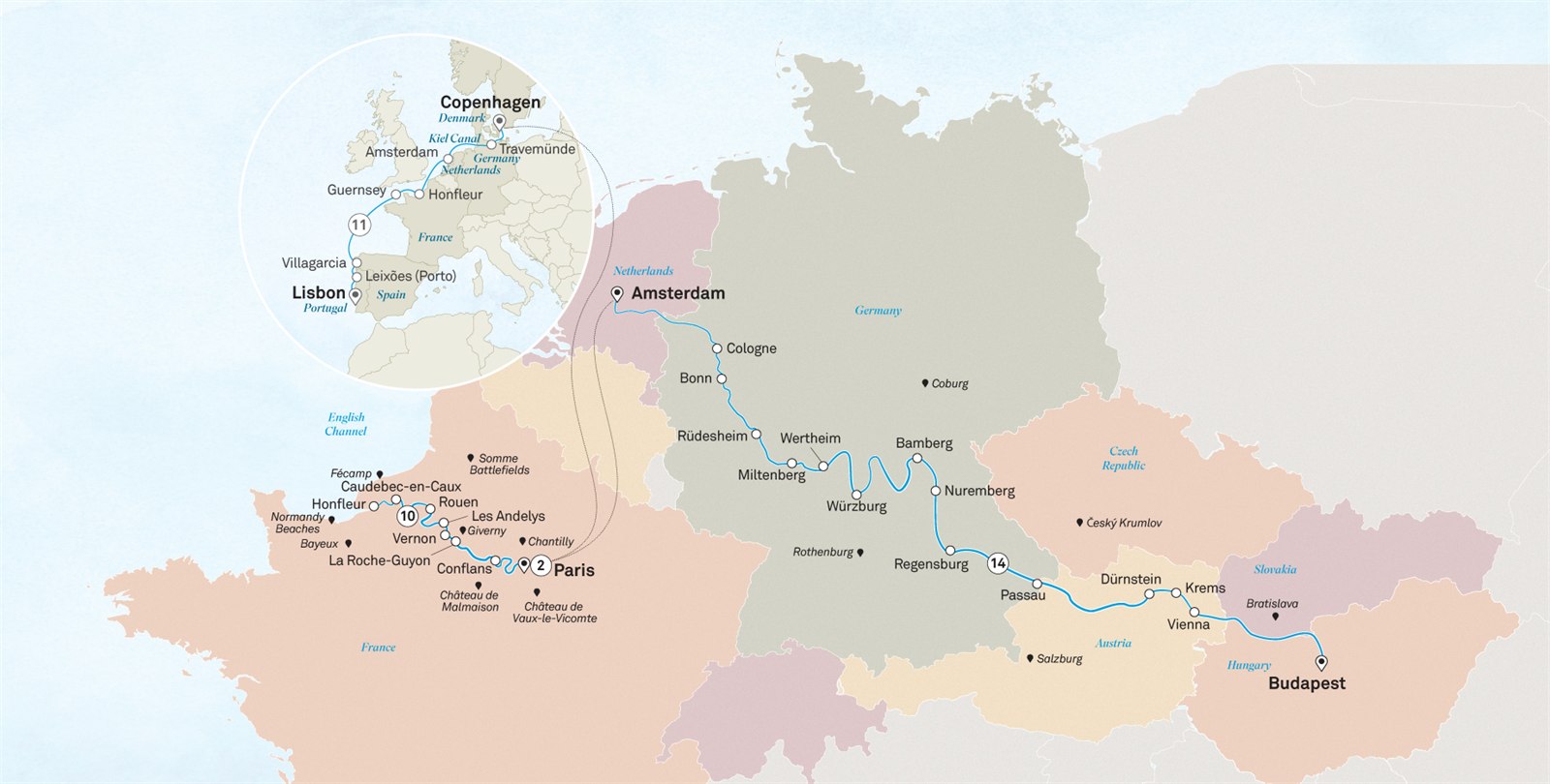 Grand Journey: Budapest to Lisbon Scenic itinerary route map for voyage CBL1130827.1