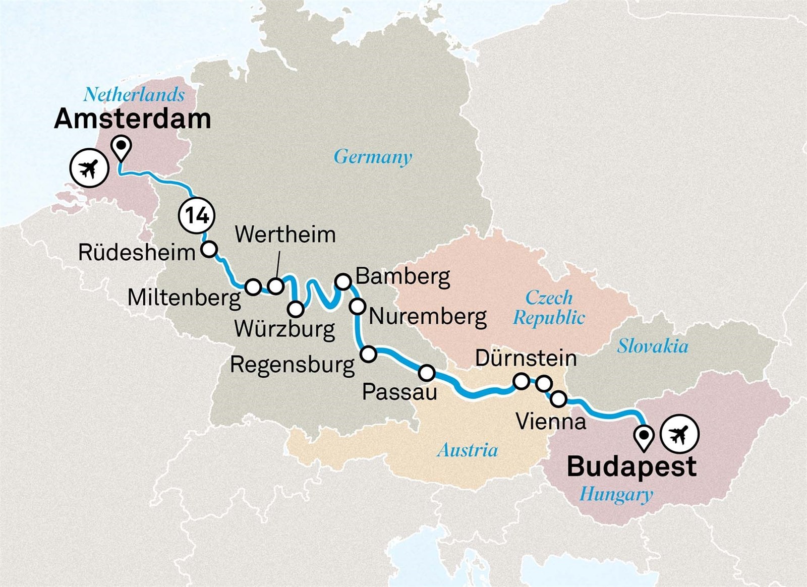 Christmas & New Year: Amsterdam to Budapest Scenic itinerary route map for voyage CHAA201227.1