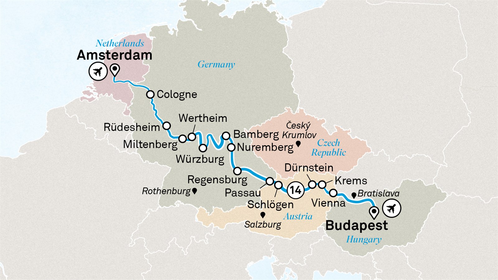Christmas Markets: Budapest to Amsterdam Scenic itinerary route map for voyage CHMA071227.2