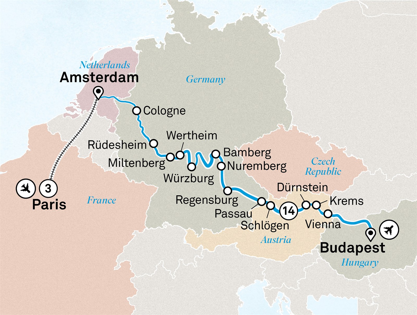 Christmas Markets with Paris: Paris to Budapest Scenic itinerary route map for voyage CMPA191127.1
