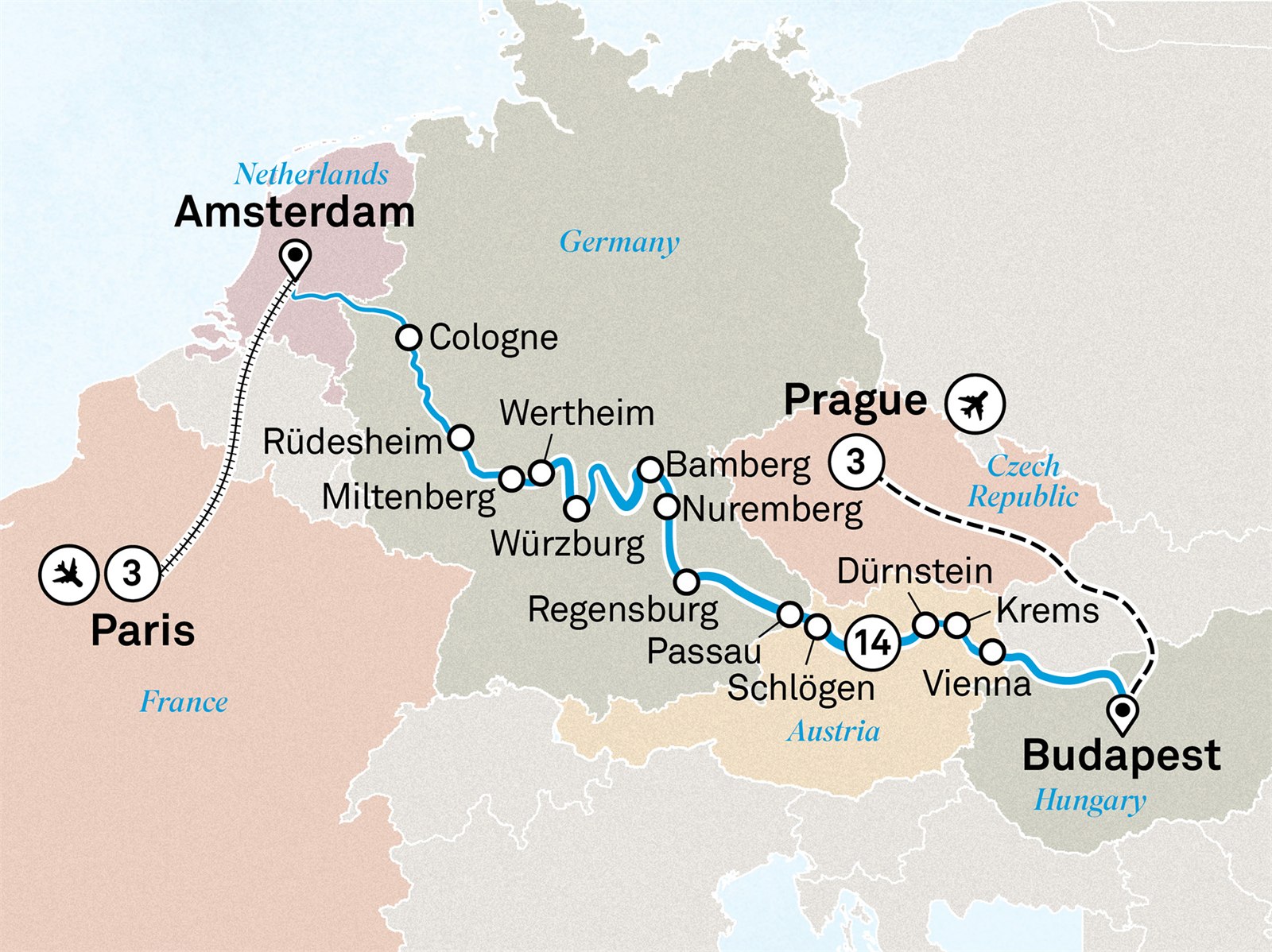 Christmas Markets with Paris & Prague Scenic itinerary route map for voyage CMPP211126.1