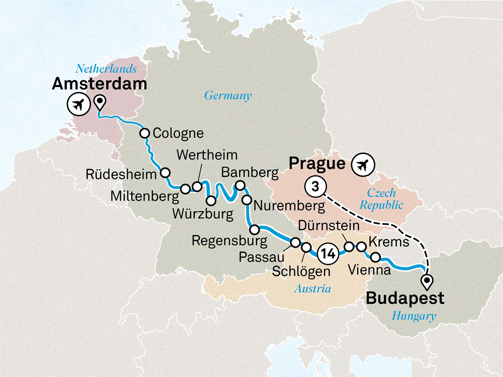 Christmas Markets with Prague: Amsterdam to Prague Scenic itinerary route map for voyage CMPR221127.1