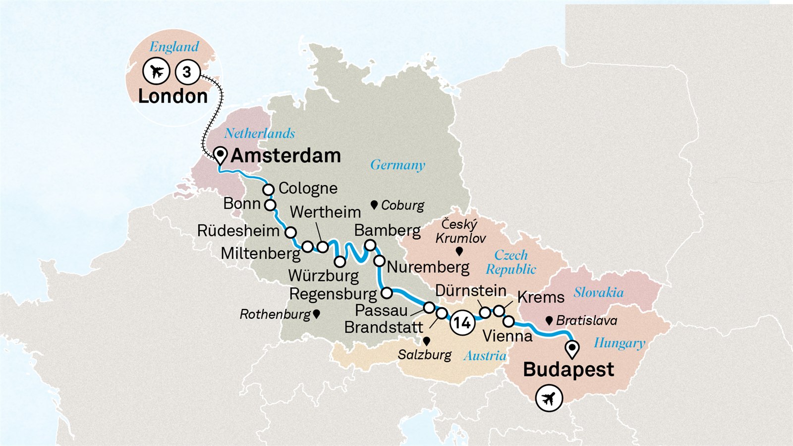 Jewels of Europe with London: Budapest to London Scenic itinerary route map for voyage CRLO010926.2