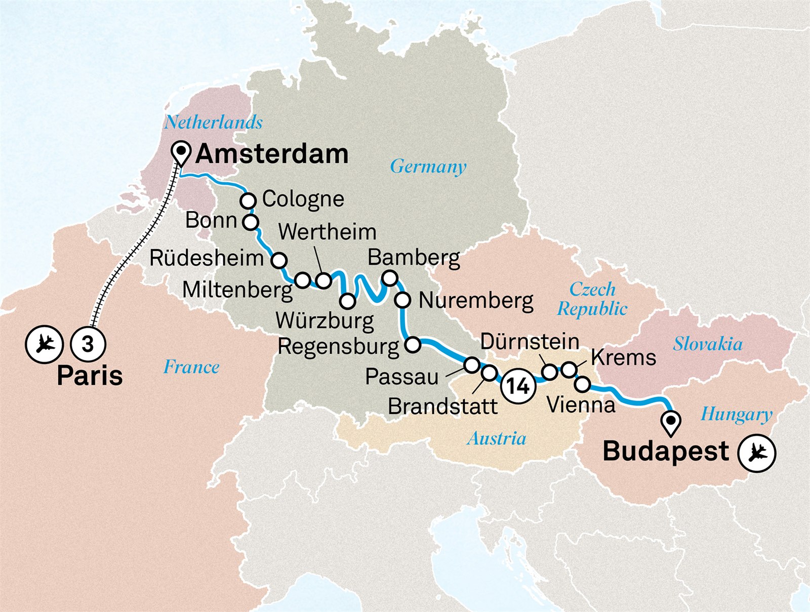 Jewels of Europe with Paris: Budapest to Paris Scenic itinerary route map for voyage CRPA120826.2