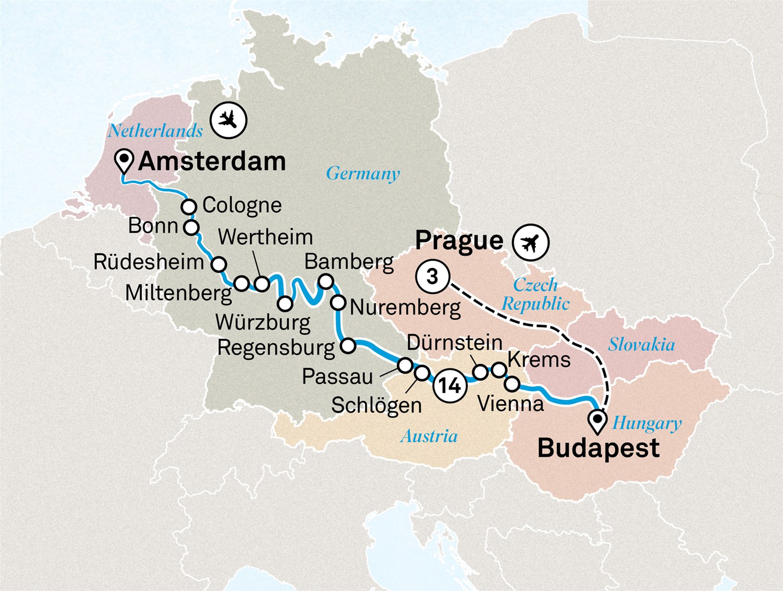 Jewels of Europe with Prague: Amsterdam to Prague Scenic itinerary route map for voyage CRPR150627.1