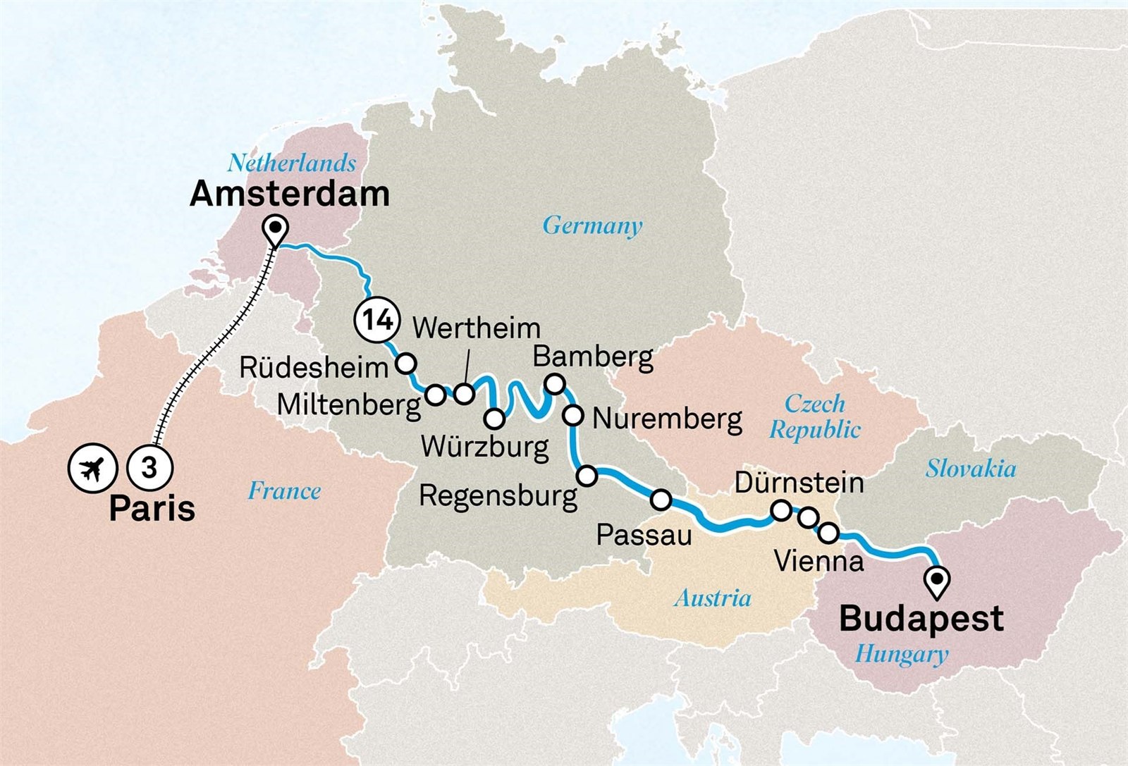 Christmas & New Year with Paris: Budapest to Paris Scenic itinerary route map for voyage CTPA211227.2