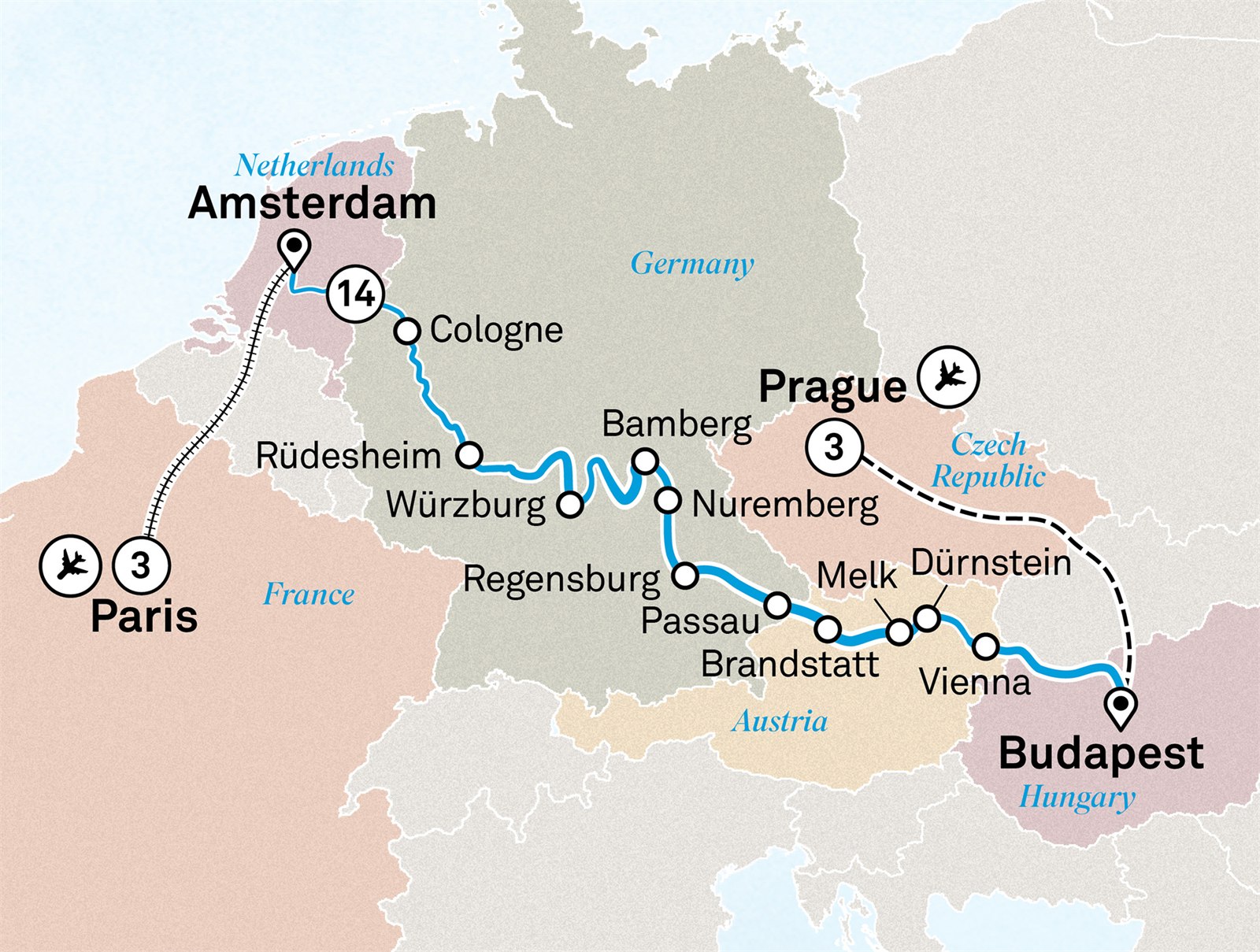 Christmas & New Year with Paris & Prague Scenic itinerary route map for voyage CTPP191226.2