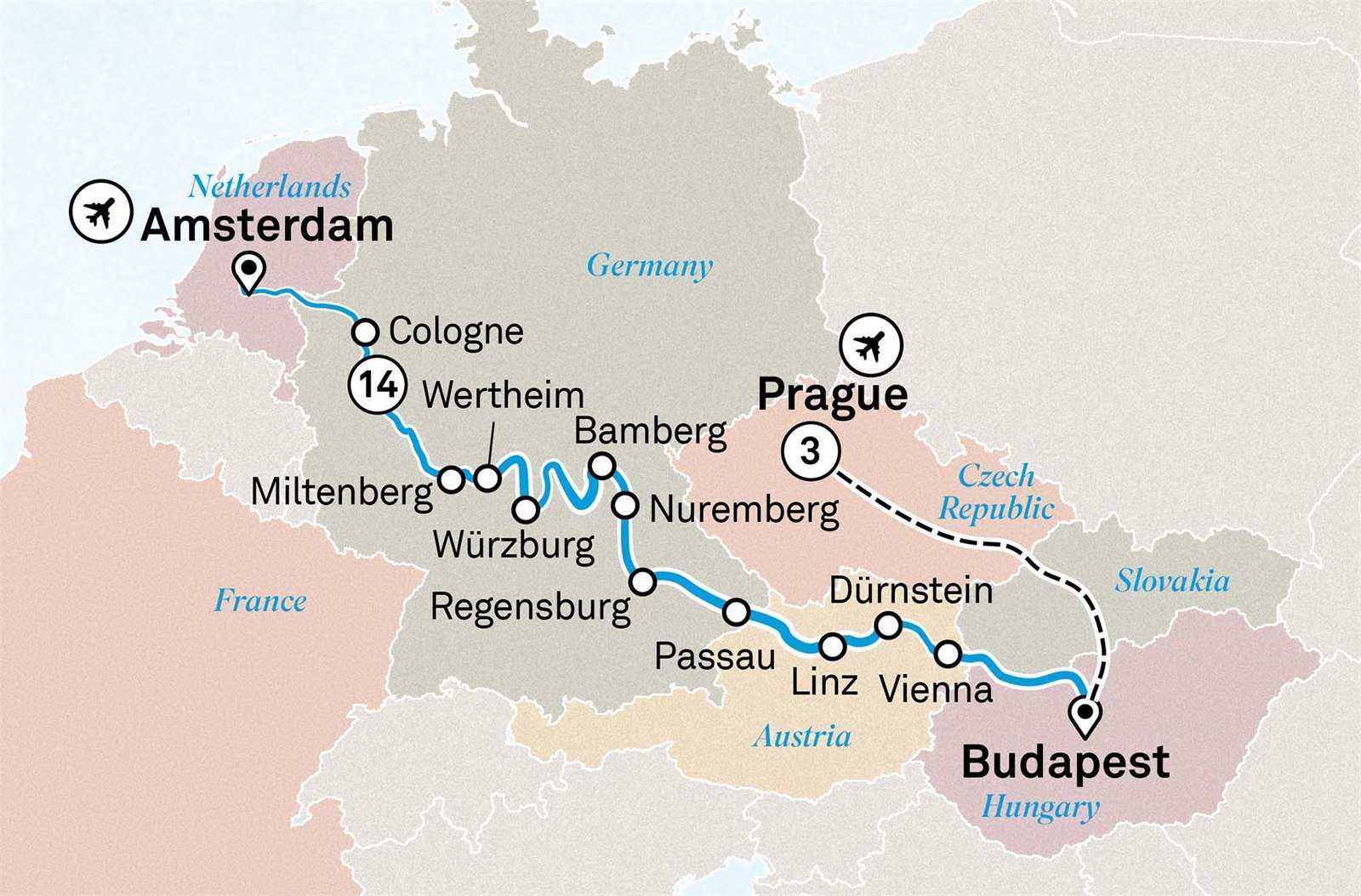 Christmas & New Year with Prague: Amsterdam to Prague Scenic itinerary route map for voyage CTPR221226.1